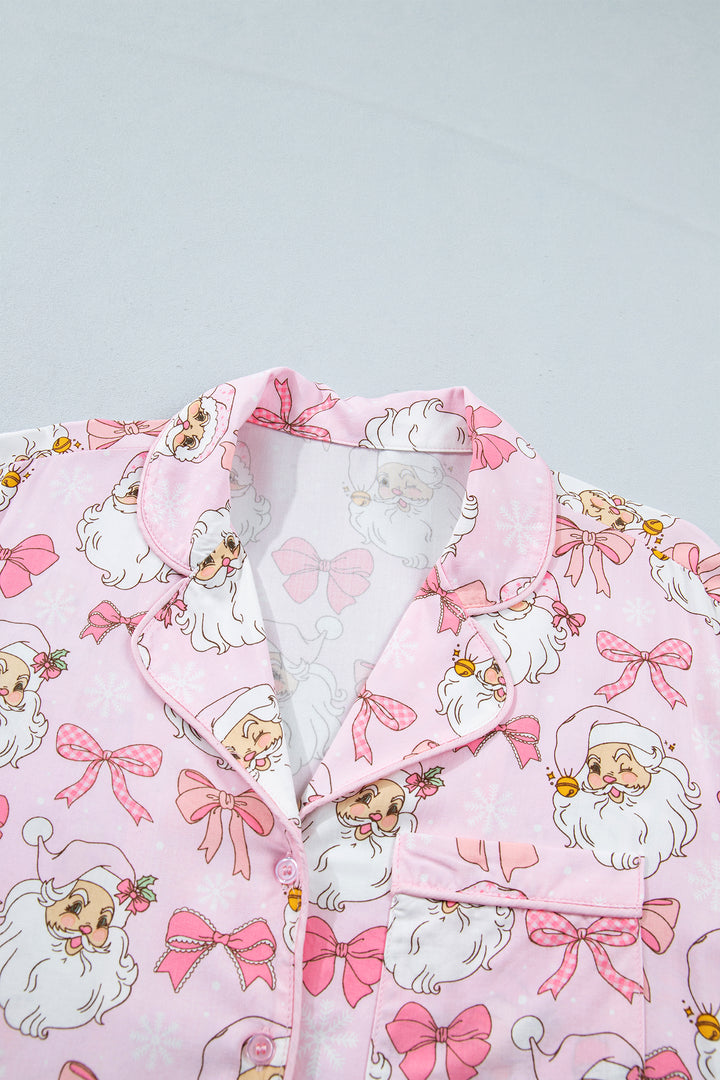 Pink Abstract Santa Print Long Sleeve Full-Length 2Pcs Lounge Set
