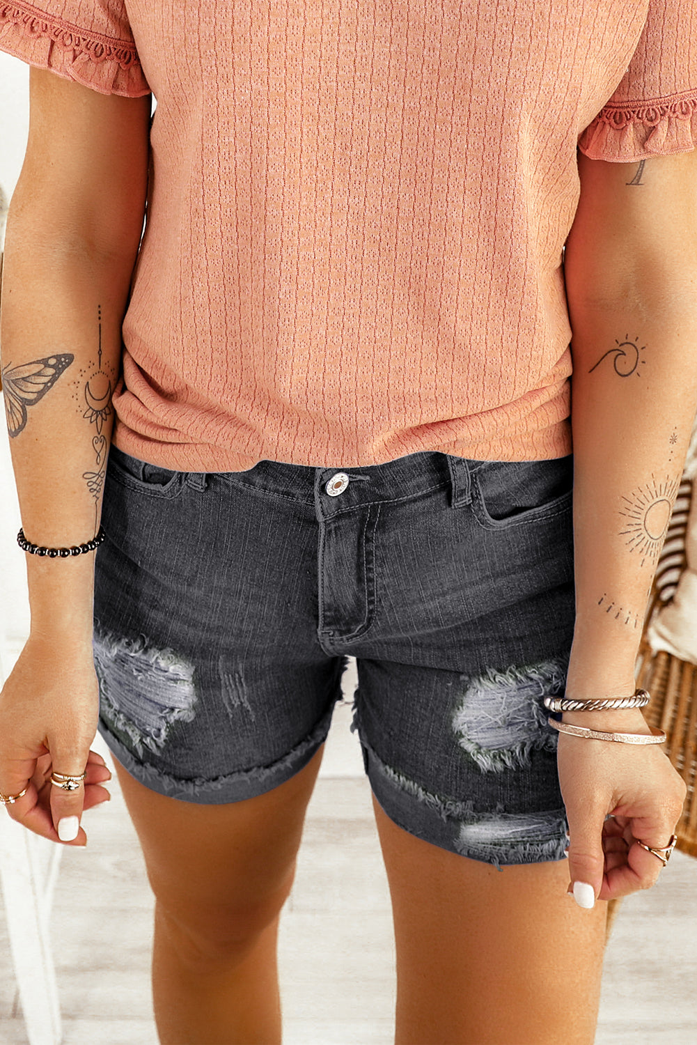 Distressed Ripped Rolled Hem Black Denim Shorts