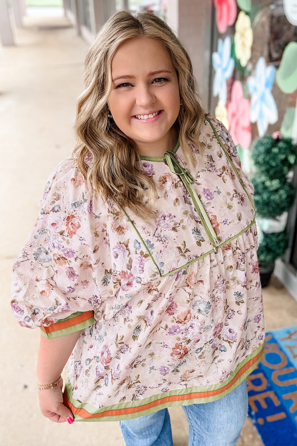 Black Plus Size Floral Print Contrast Trim Striped Detail Babydoll Blouse