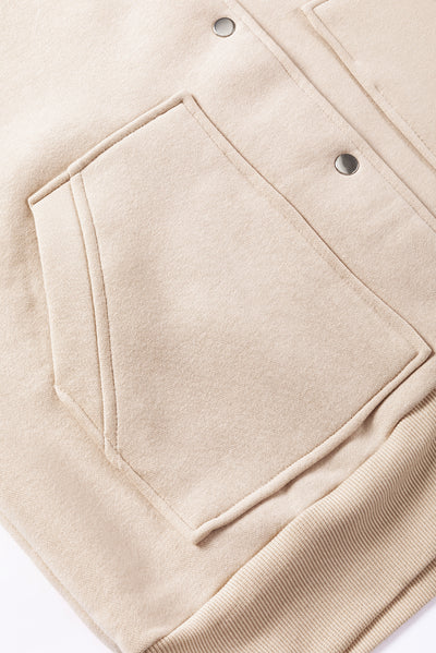 Beige Solid Color Pocketed Button Up Loose Hoodie