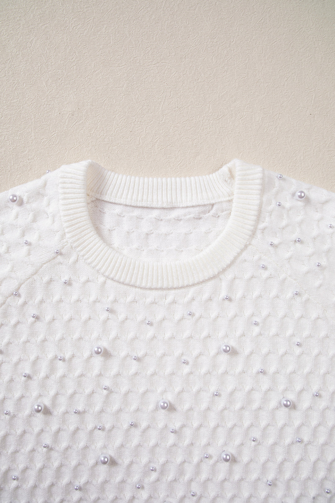 White Solid Textured Knit Pearl Embellished Pullover Sweater