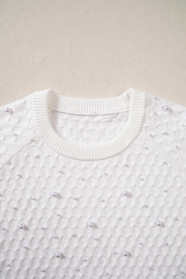 White Solid Textured Knit Pearl Embellished Pullover Sweater