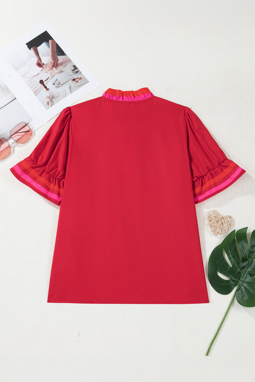 Fiery Red Striped Frilled Collar Ruffled Short Sleeve Blouse