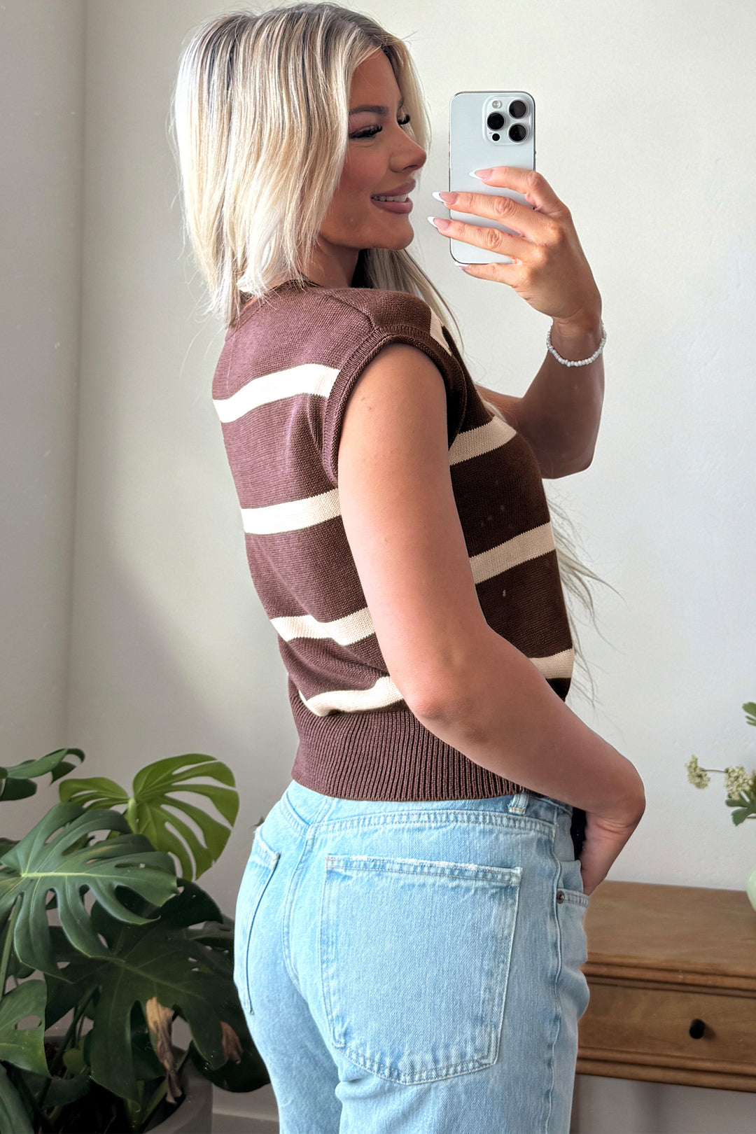 Rose Stripe Knit Western Short Sleeve Sweater