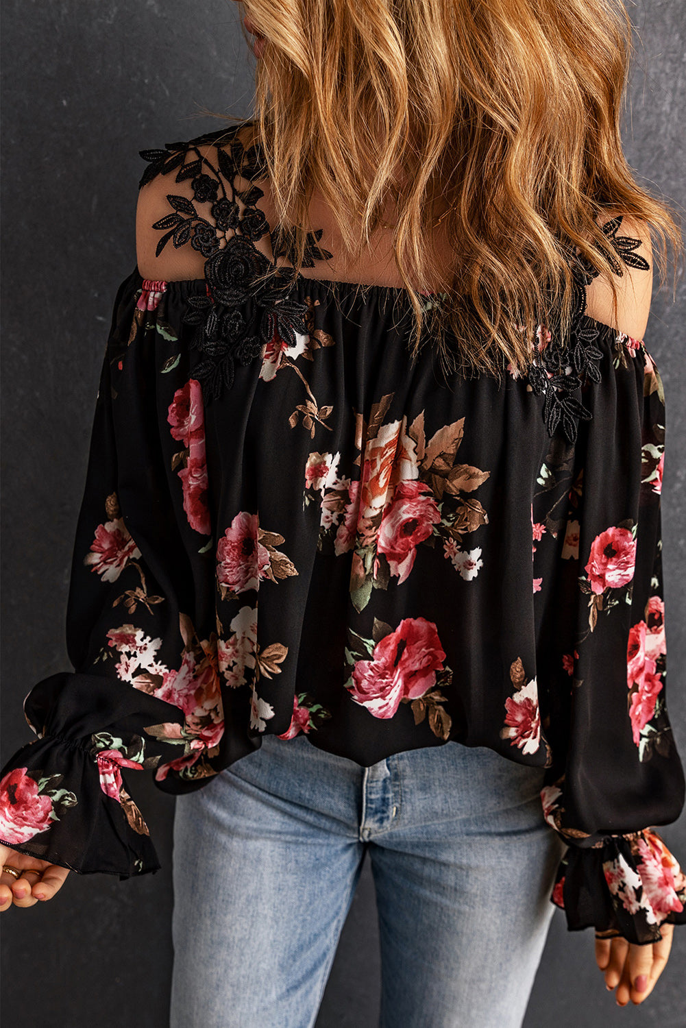 Black Floral Print Lace Patchwork Loose Cold Shoulder Blouse