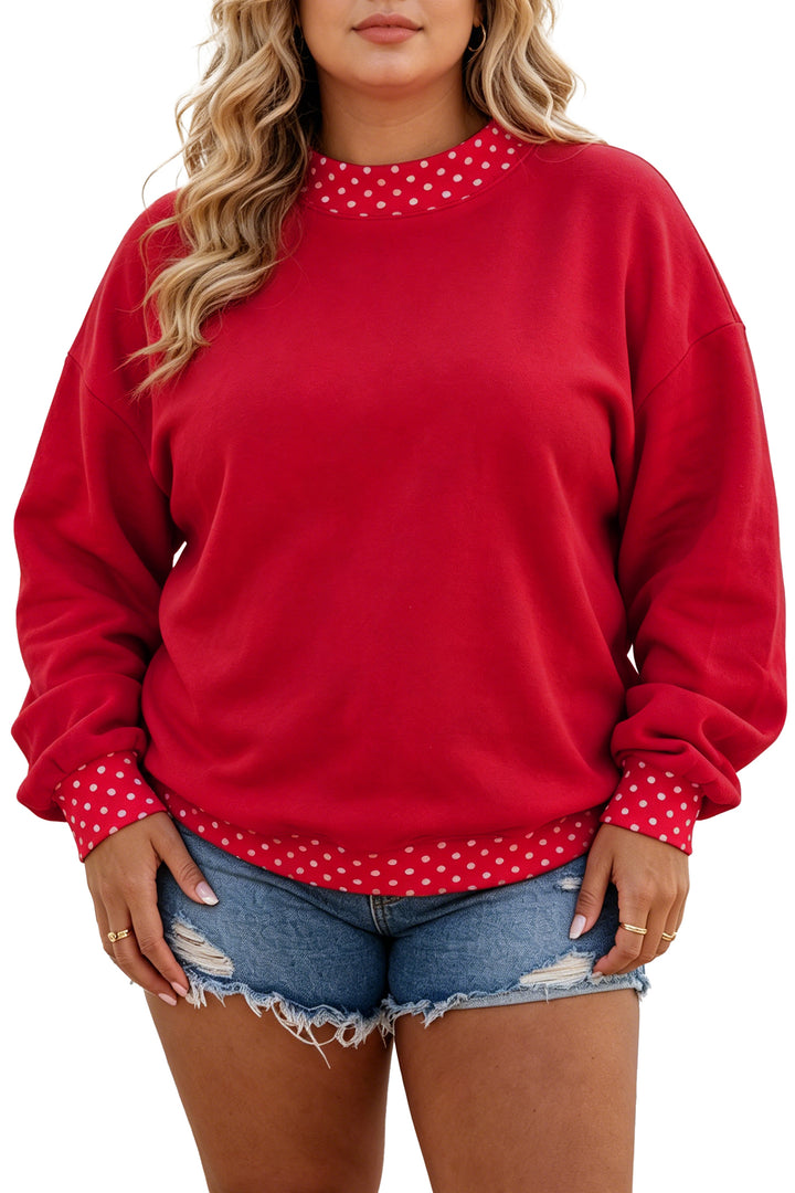 Orange Polka Dot Patchwork Round Neck Plus Size Sweatshirt