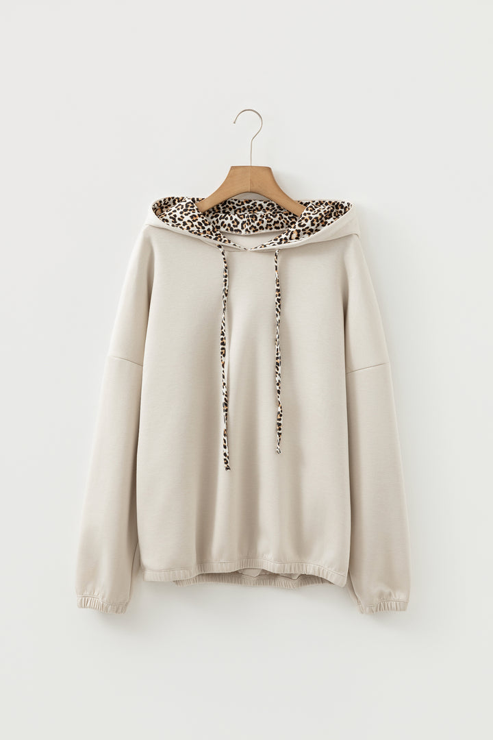 Jet Stream Leopard Contrast Drawstring Hood Drop Shoulder Loose Top