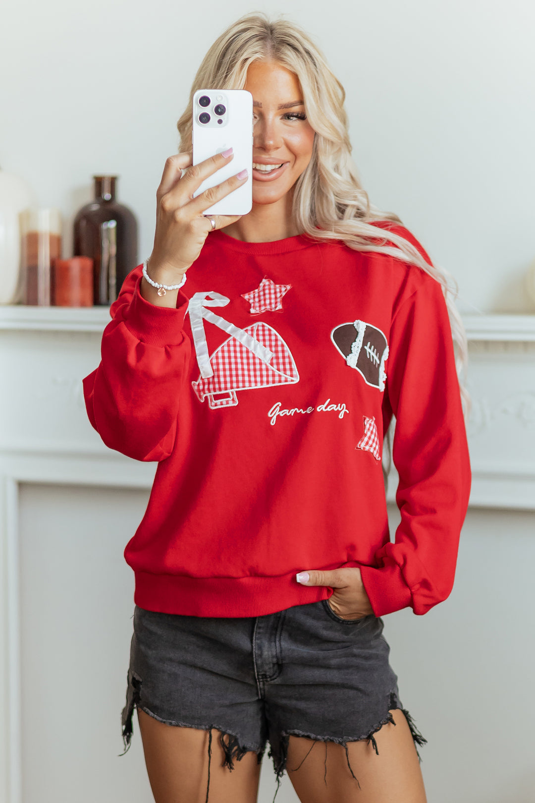 Black Gingham Patch Embroidered Rugby Game Day Stars Sweatshirt
