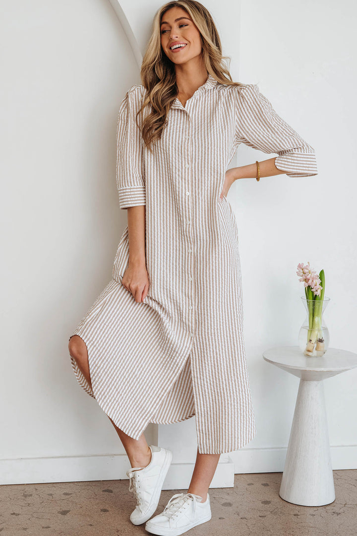 Khaki Stripe Frilled Collar Half Sleeve Shirt Maxi Dress