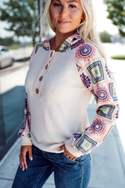 White Geometric Patchwork Raglan Sleeve Henley Hoodie