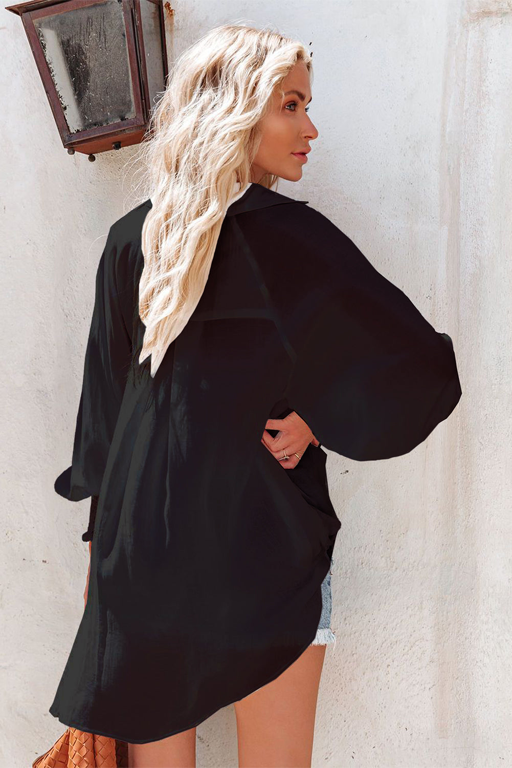 Black Shirred Cuffs Bubble Sleeve Oversized Shirt