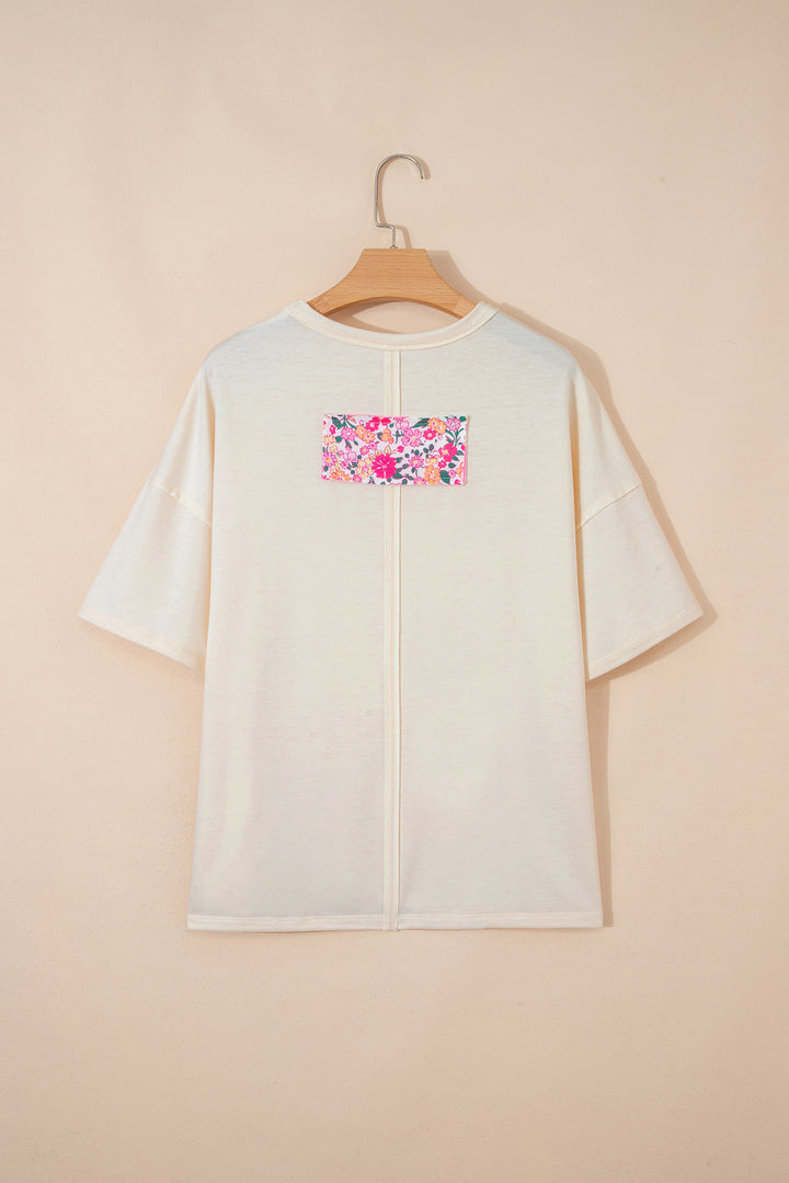 Jet Stream Floral Patched Raw Seam Big Flower Oversize Tee