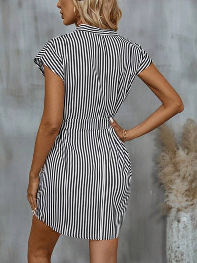 Tied Striped Cap Sleeve Mini Dress