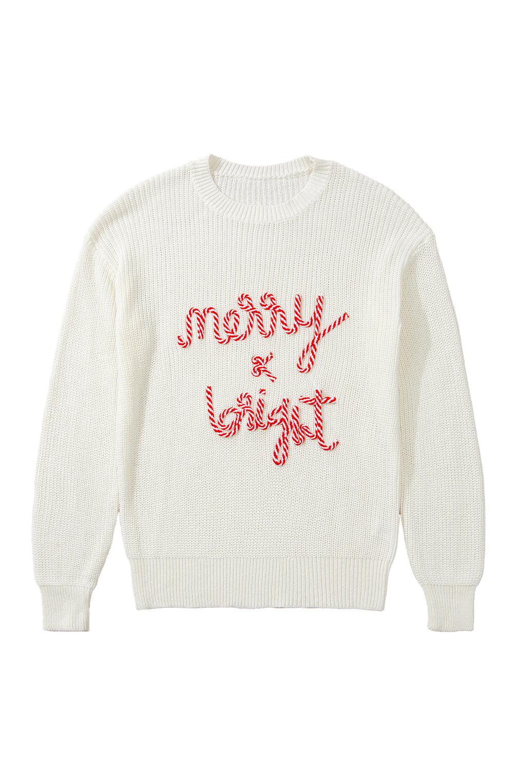 White Striped Merry Bright Letter Christmas Sweater