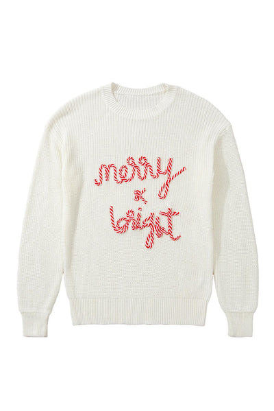 White Striped Merry Bright Letter Christmas Sweater