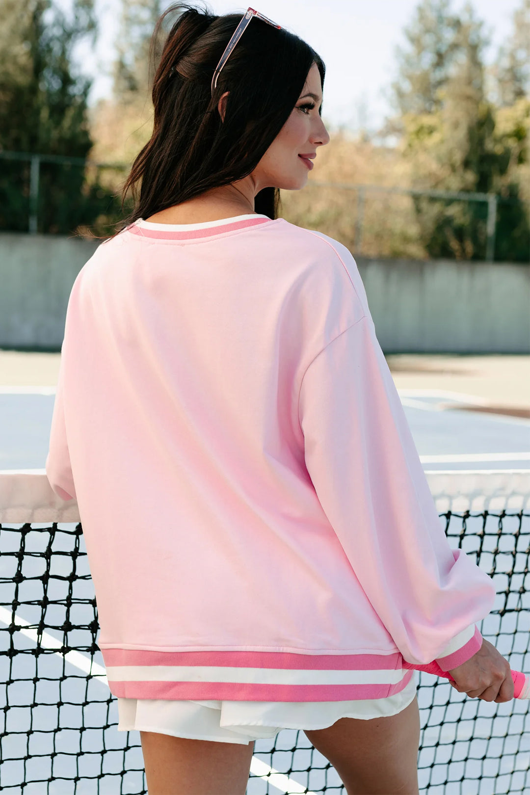 Pink Embroidered Tennis Club Crew Neck Pullover Sweatshirt