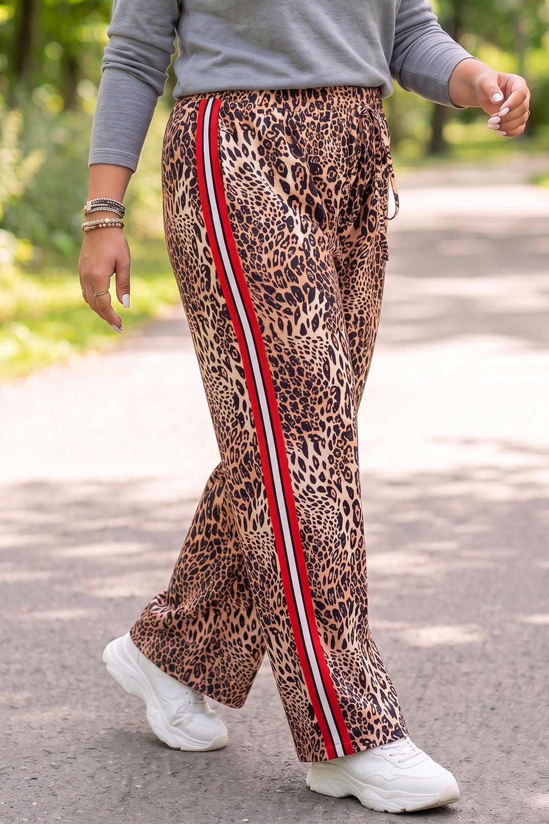 Khaki Leopard Print Colorblock Side Stripes Wide Leg Full Length Plus Size Pants