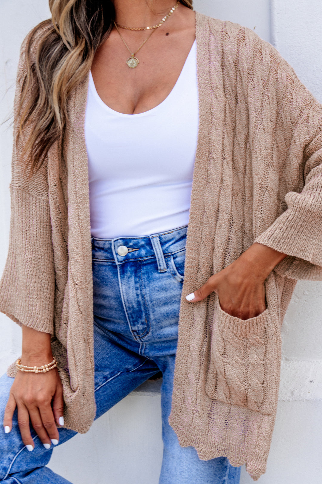 Old Rose Hollowed Pattern Knit Drop Shoulder Open Sweater Cardigan