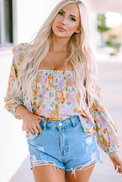 Multicolor Floral Square Neck Puff Sleeve Babydoll Blouse