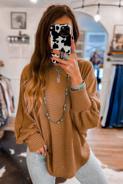 Brown V-Neck Drawstring Dolman Sleeve Waffle Knit Top