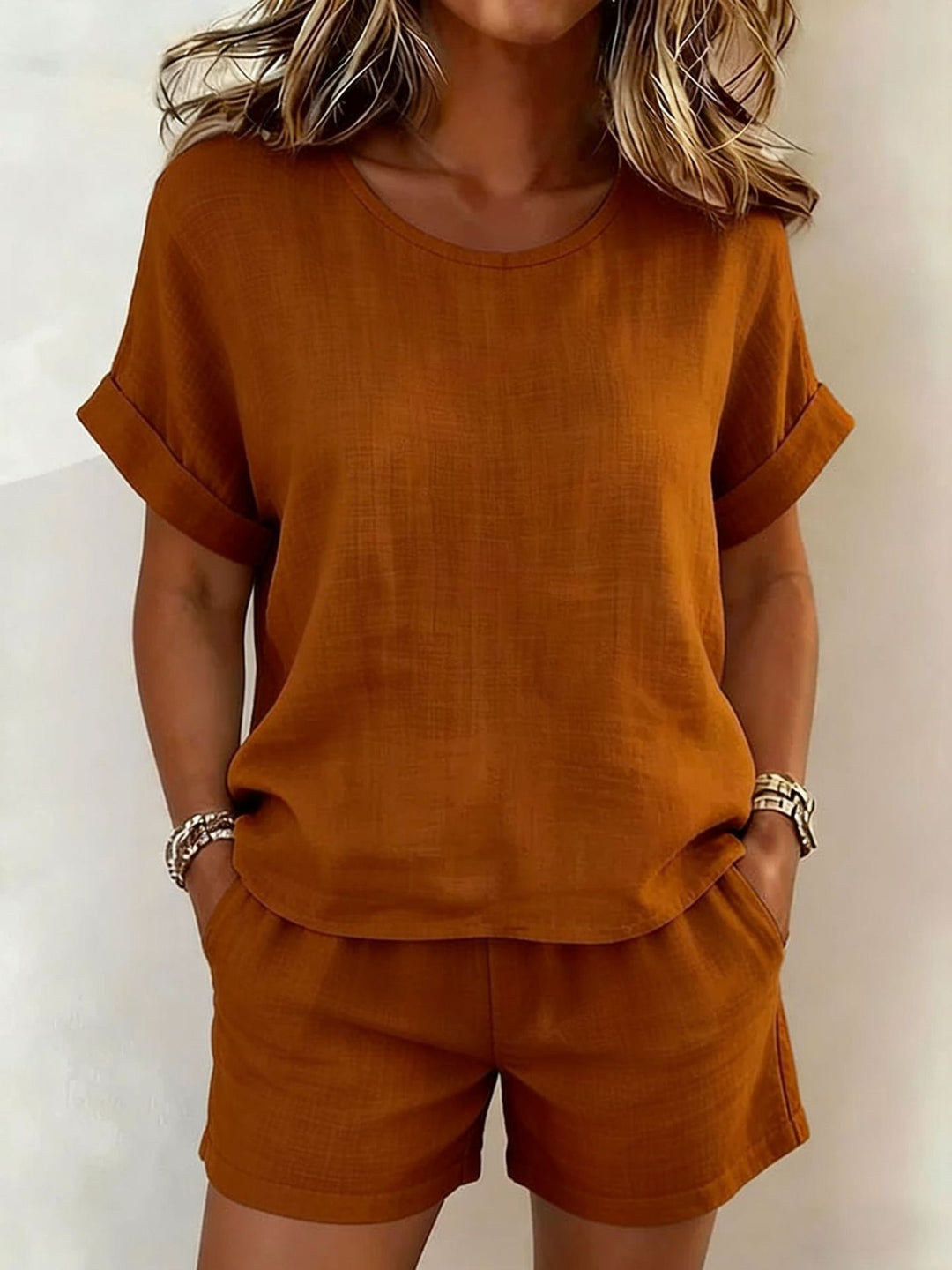 Solid-Color T-Shirt &amp; Shorts Set – Cotton Linen, 10 Colors