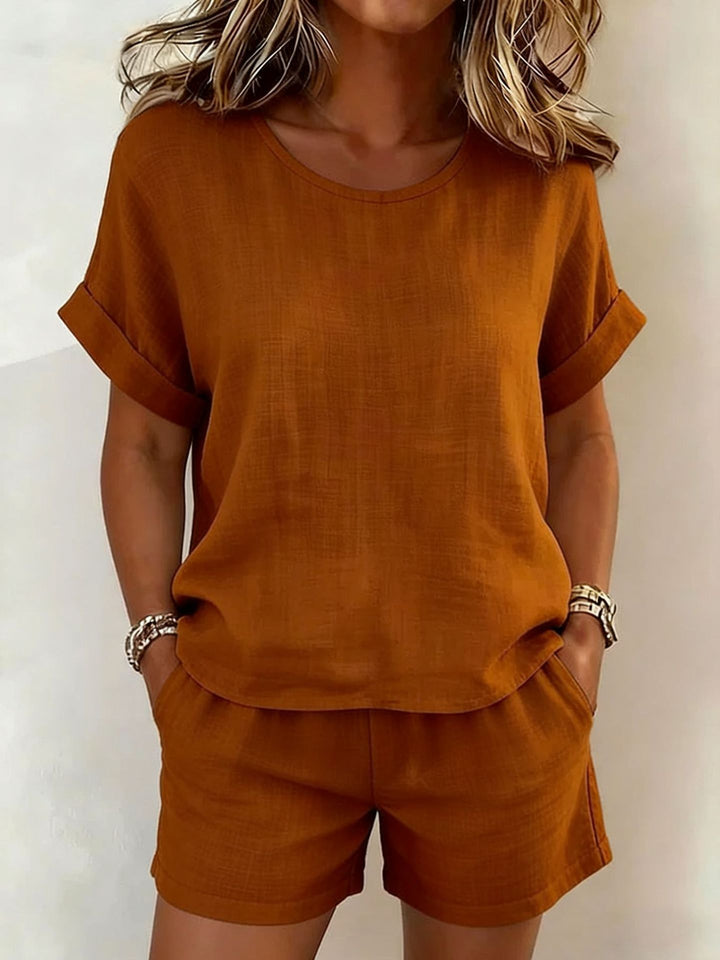 Solid-Color T-Shirt &amp; Shorts Set – Cotton Linen, 10 Colors