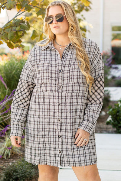 White Stripe Plus Size Plaid Buttoned Raw Hem Tunic Shirt Dress