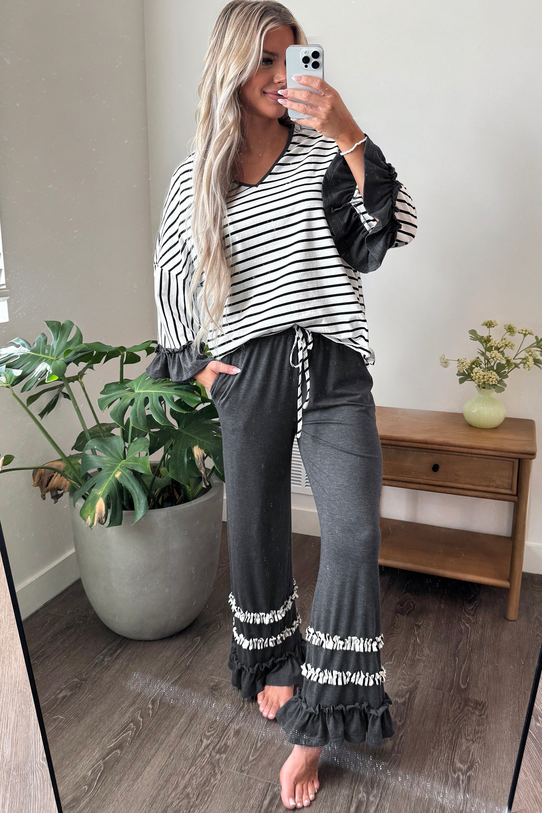 Gray Stripe V Neck Ruffle Contrast Sleeve Top Drawstring Pants 2pcs Set