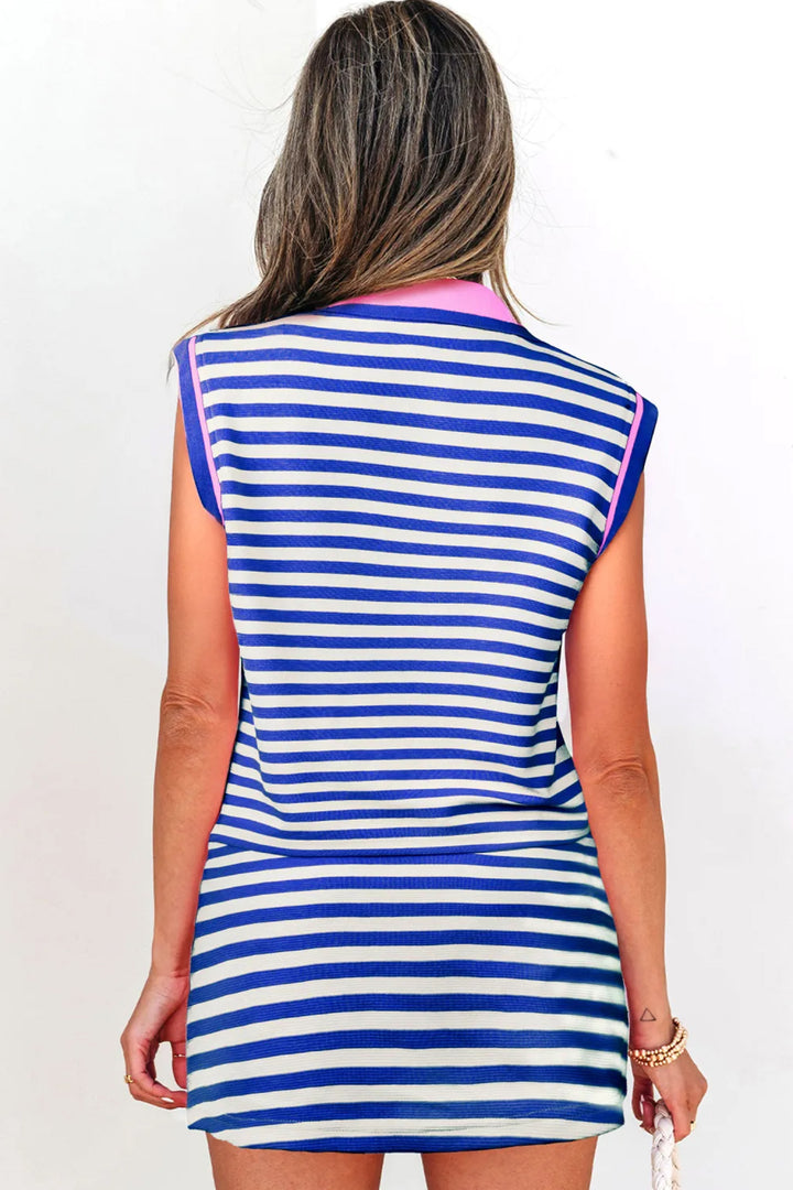 Sachet Pink Textured Stripe Print Contrast Trim Zip Collar Sleeveless 2pcs Skort Set
