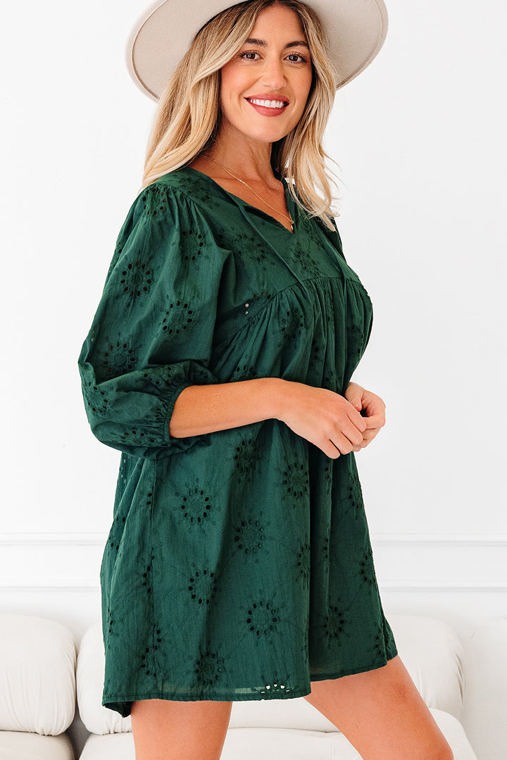 Blackish Green Embroidered Eyelet Pattern 3/4 Puffy Sleeve Swing Mini Dress