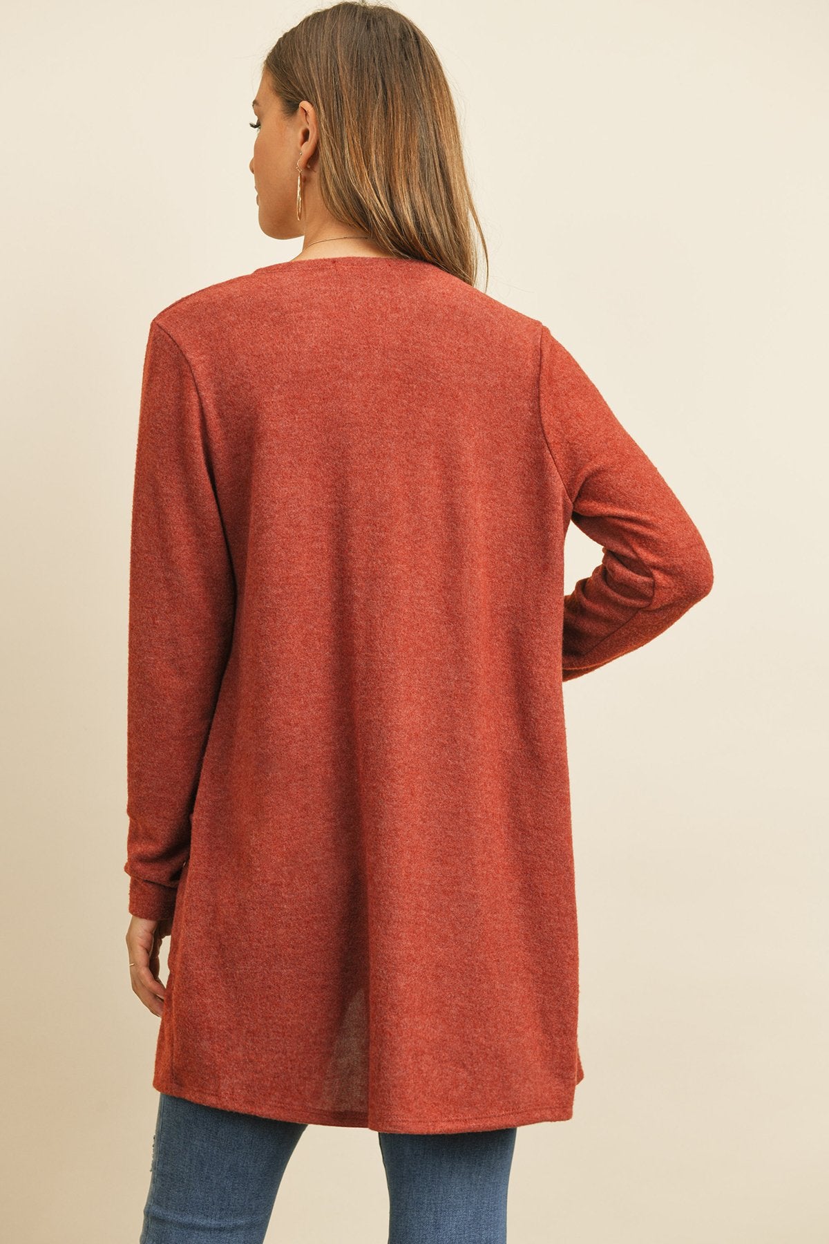 Solid Long Sleeved Open Front Pocket Cardigan