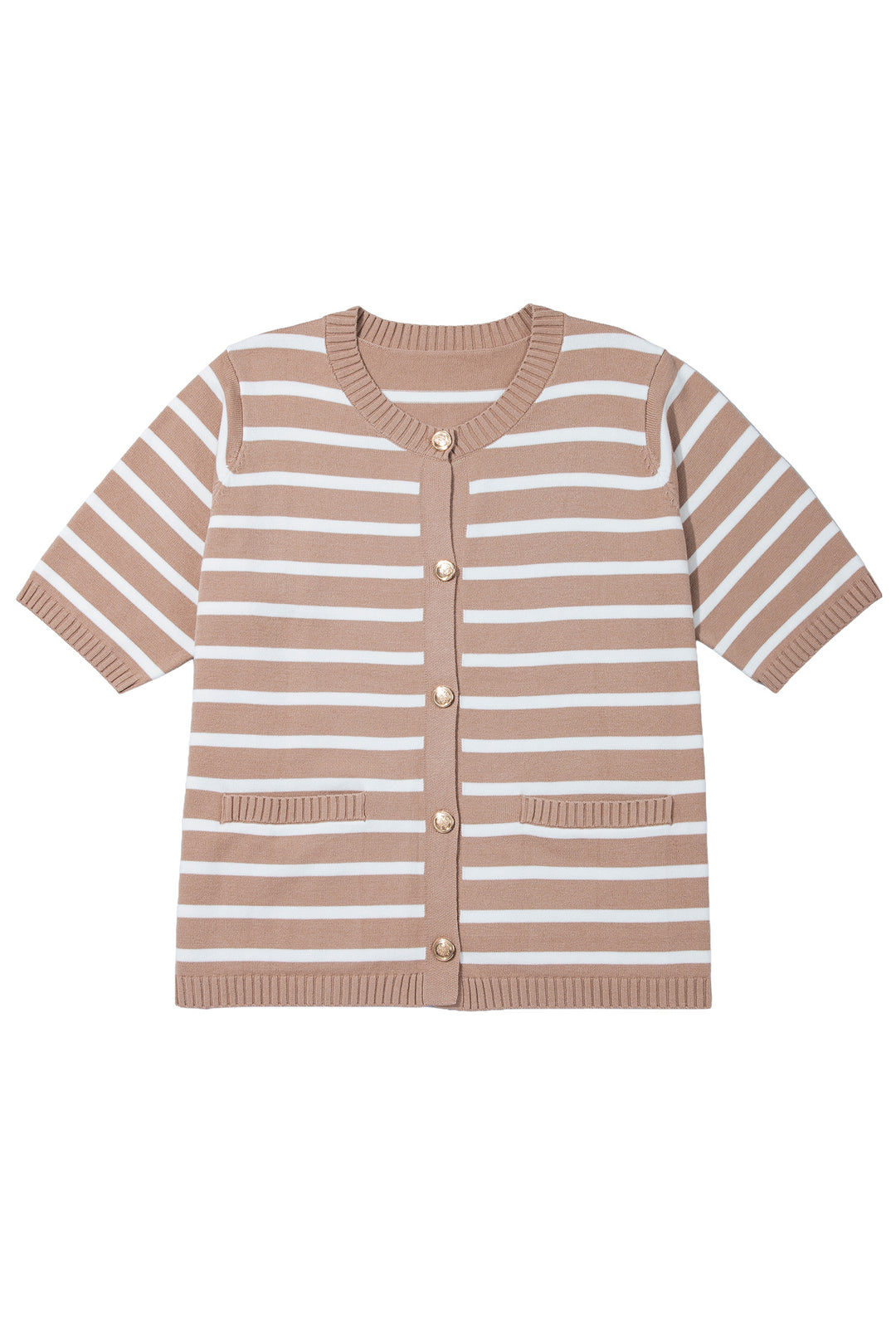 Khaki Stripe Button Down Short Sleeve Knit Plus Size Cardigan