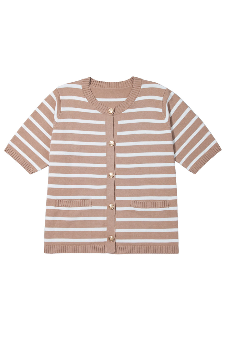 Khaki Stripe Button Down Short Sleeve Knit Plus Size Cardigan