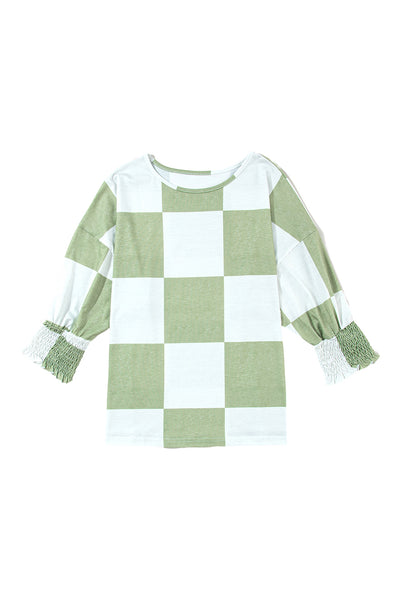 Grass Green Mix Checkered Print Shirred Cuffs Blouse