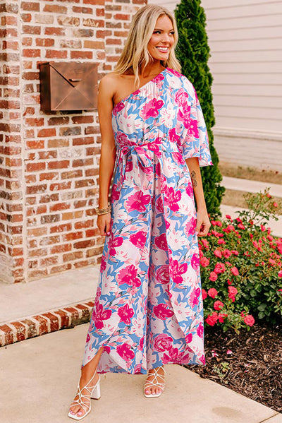 Pink Floral Print Asymmetrical Neckline Single Shoulder Drape Sleeve Belted Jumpsuit