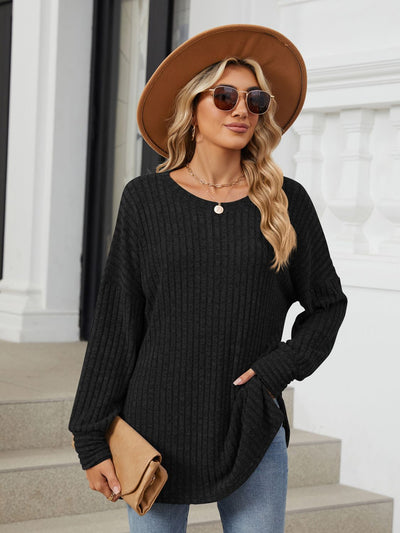 Ribbed Round Neck Long Sleeve T-Shirt