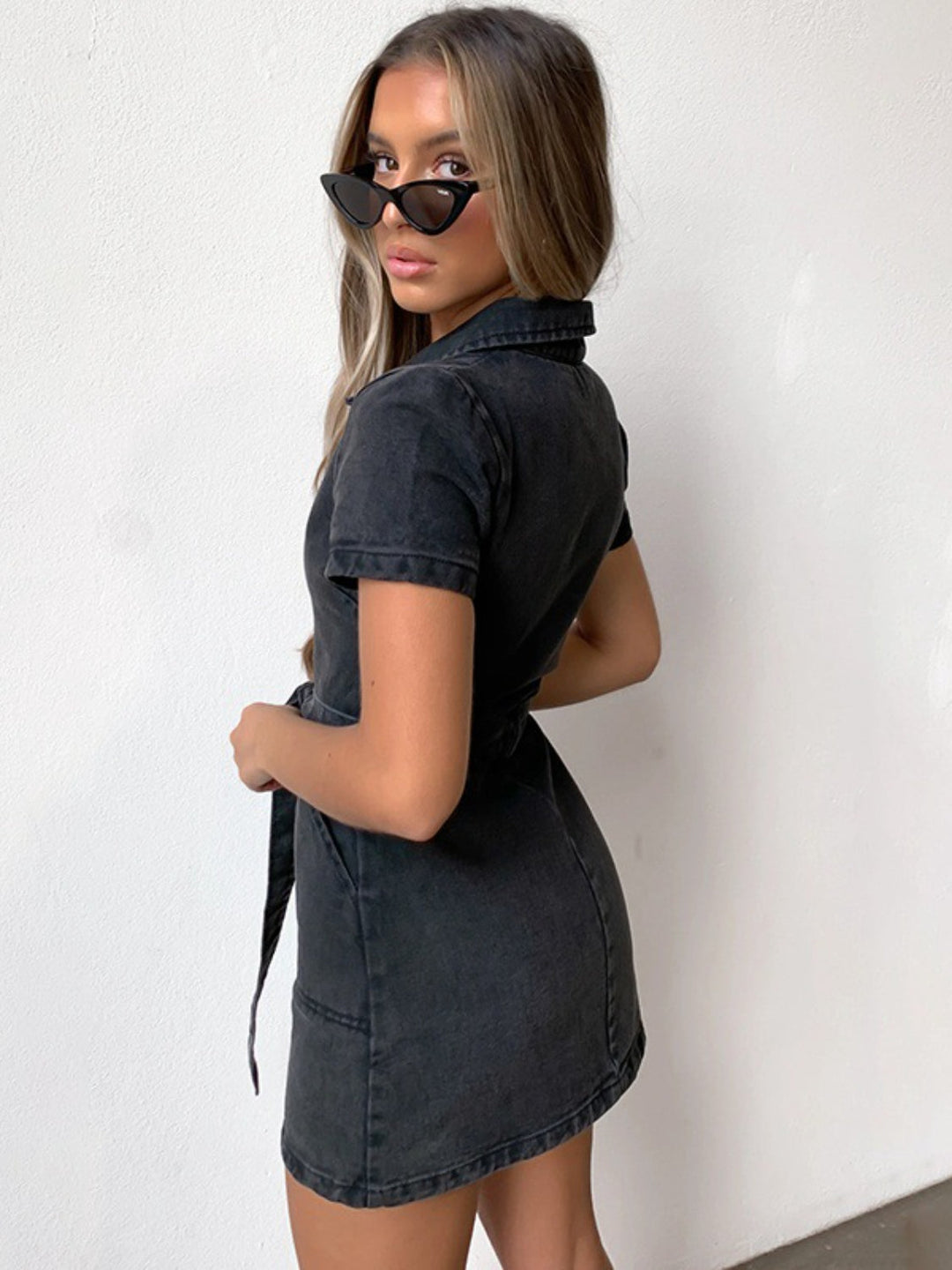 PREORDER: Fia Full Size Zip Front Short Sleeve Denim Dress Plus Size