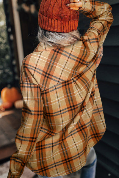 Orange Plaid Pocket Buttoned Long Sleeve Shirt