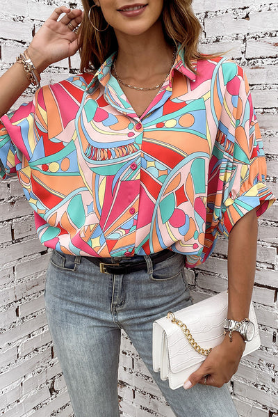 Multicolor Abstract Geometry Print Half Puff Sleeve Loose Shirt