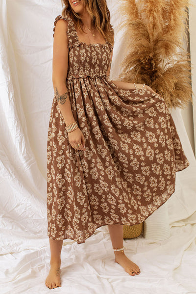 Brown Ruffled Straps Smocked Floral Maxi Dress