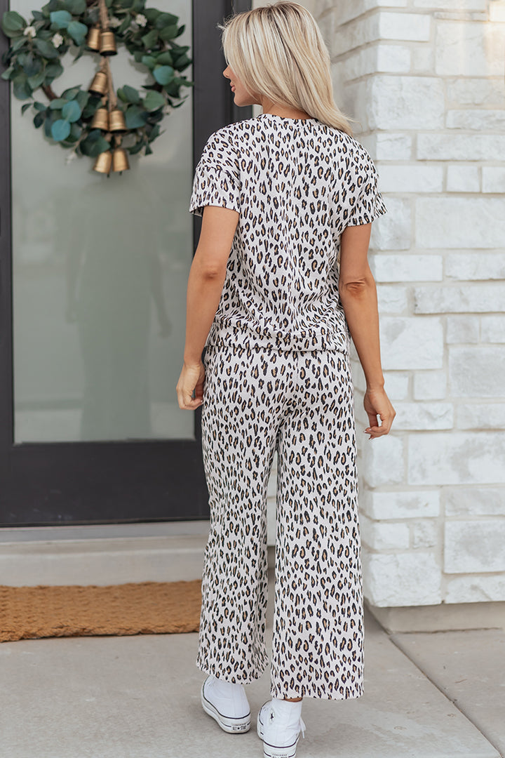 Beige Leopard Print Casual Tee and Pants 2pcs Outfit