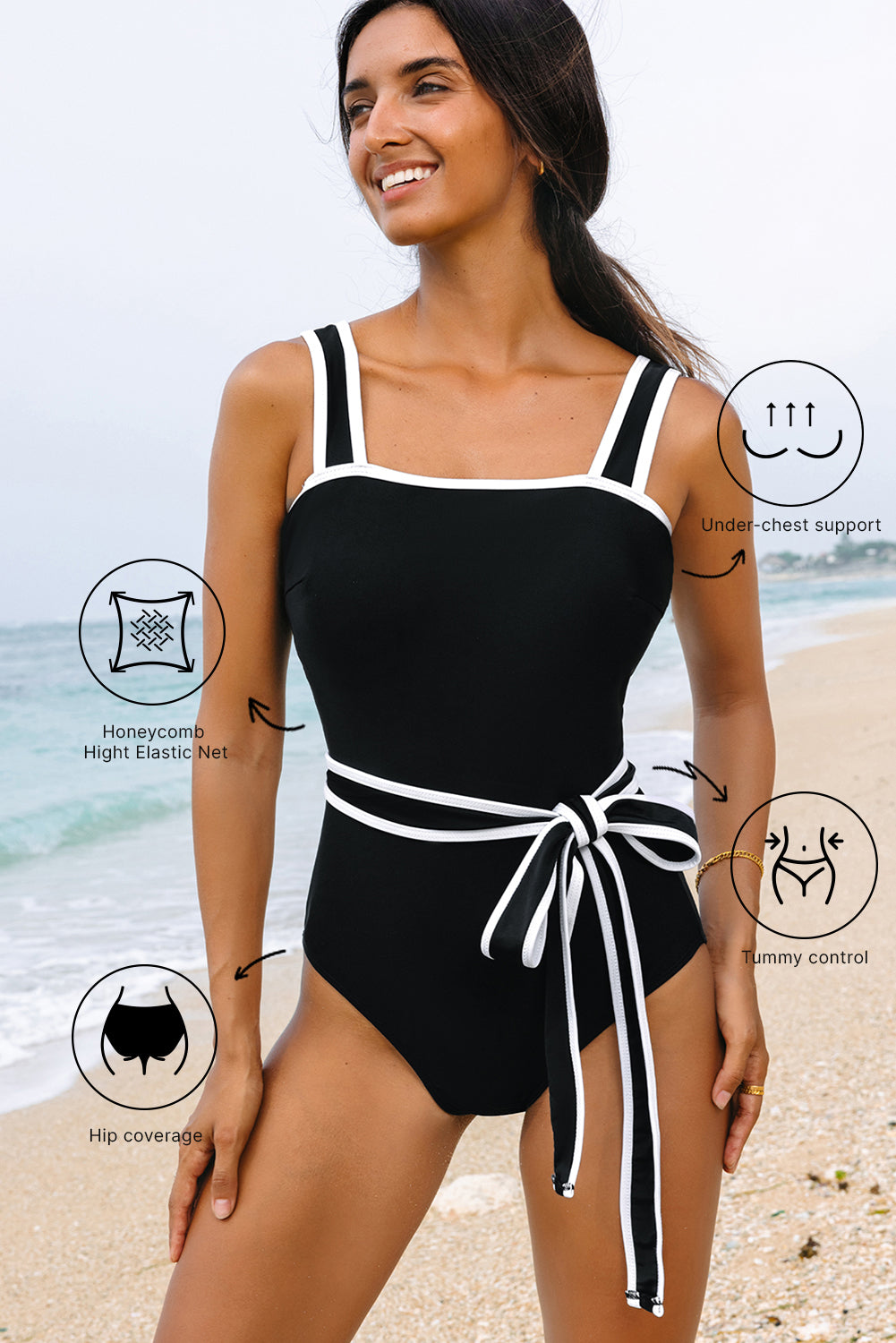 Black Colorblock Edge Belted One Piece Swimsuit