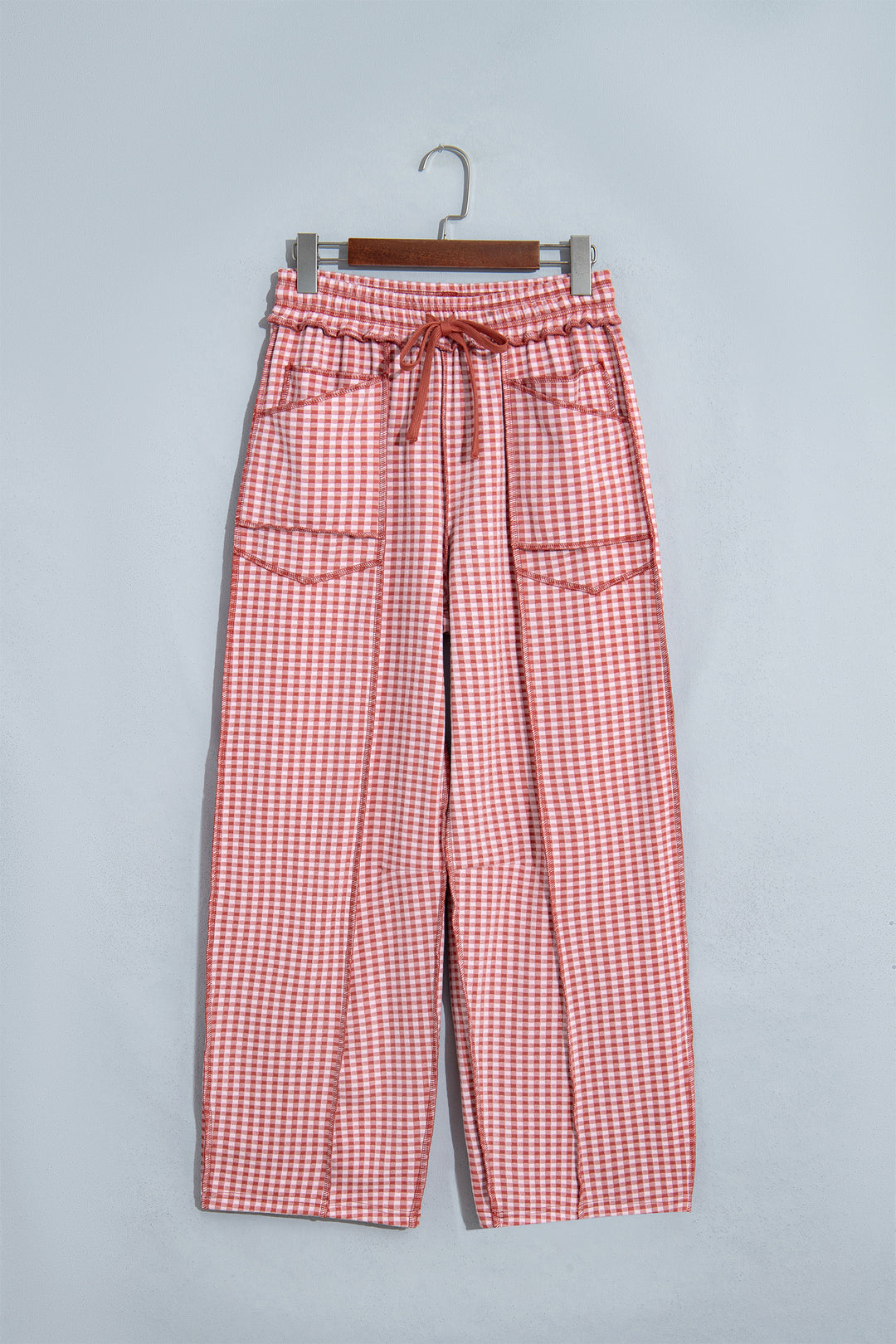 Green Plaid Contrast Trim Drawstring Elastic Waist Shift Pants
