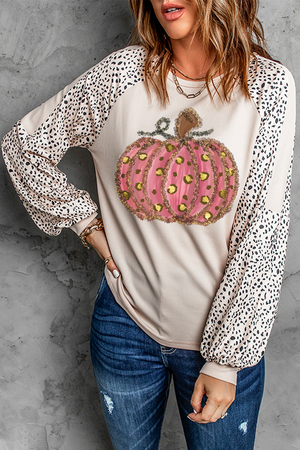 Khaki Thanksgiving Pumpkin Graphic Leopard Raglan Sleeve Top