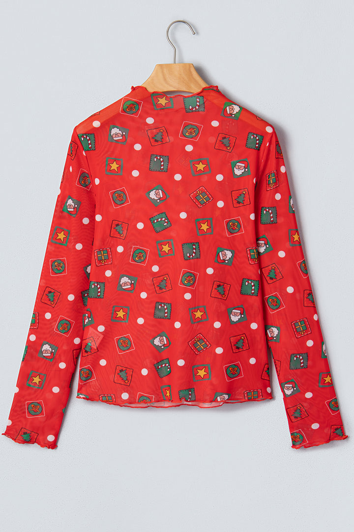 Fiery Red Christmas Elements Printed Long Sleeve Sheer Mesh Top