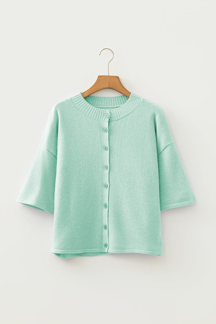 Peach Blossom 3/4 Sleeve Boxy Knit Button Down Sweater Cardigan