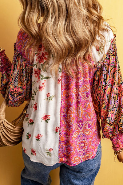 Frill Floral Shirred Cuff Long Sleeve Blouse