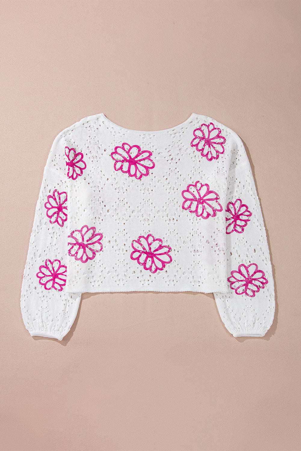 White Contrast Flower Print Eyelet Drop Shoulder Sweater