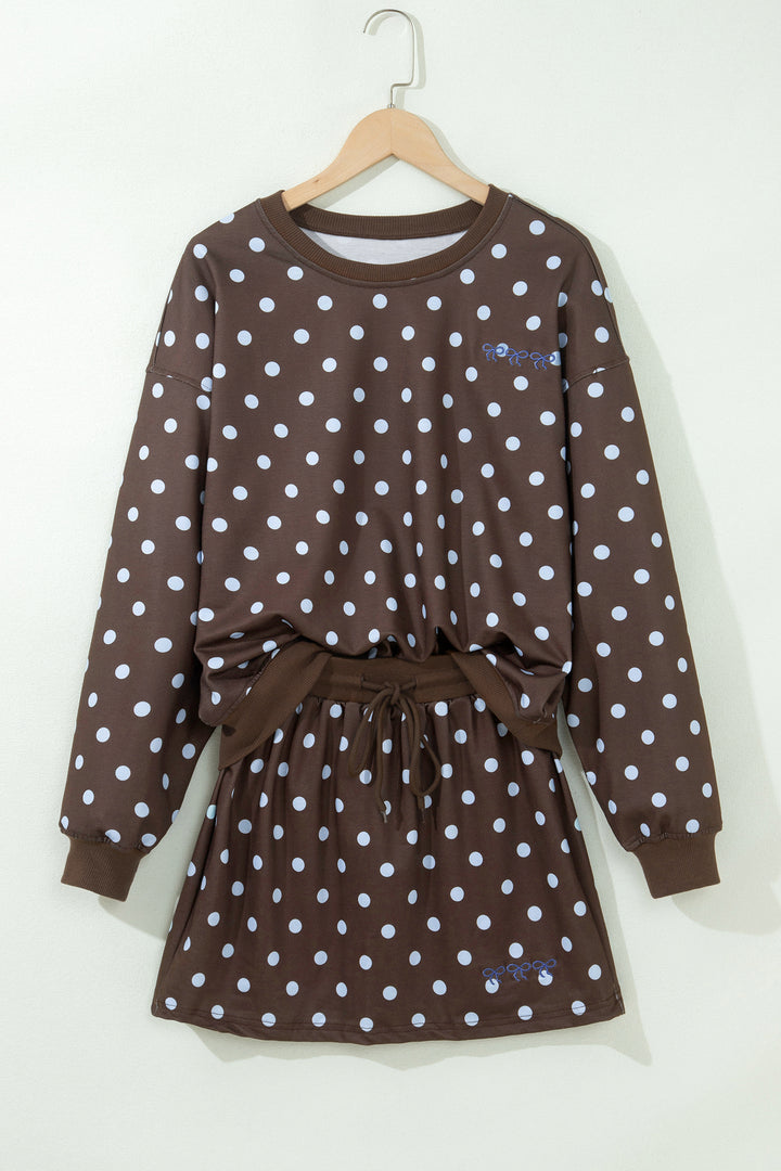Brown Polka Dot Long Sleeve Pullover Embroidered Bow Detail 2pcs Skort Set
