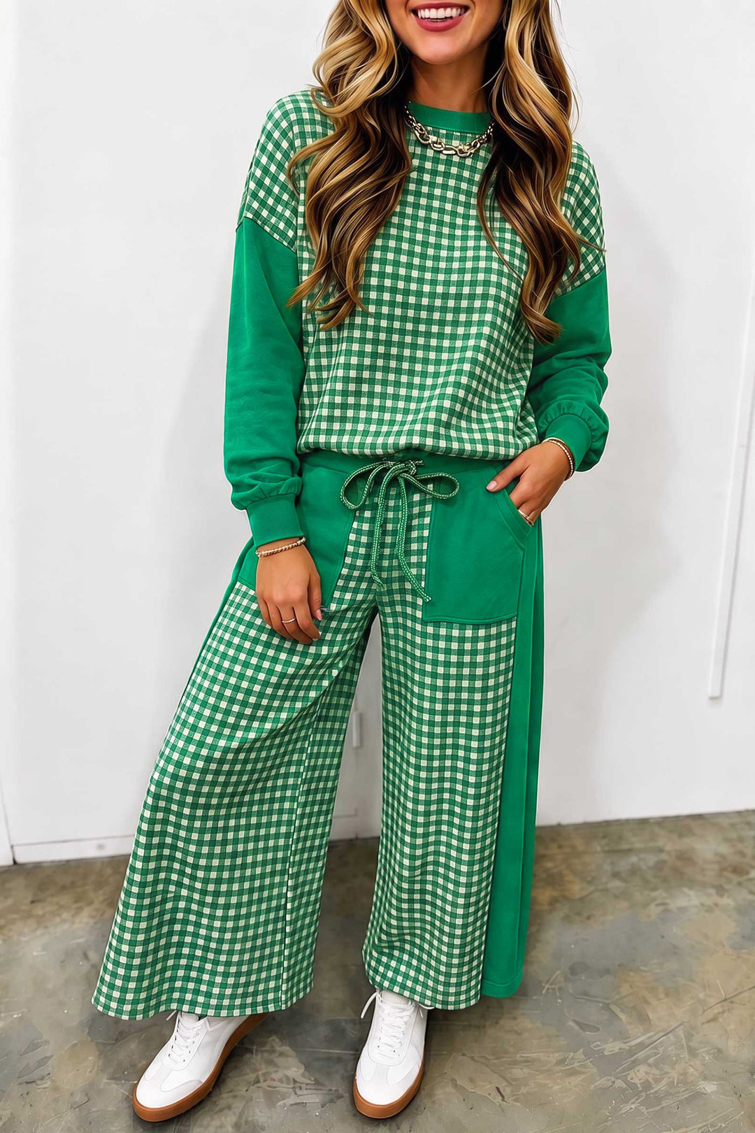 Red Color Block Plaid Patchwork Long Sleeve Pullover Wide Leg Pant Set